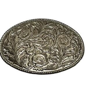 FLORAL ornate silver Swirl belt buckle women’s Western oval